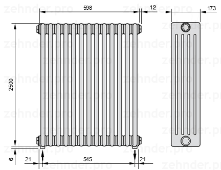 Схема (чертеж) Радиатор Zehnder Charleston 5250/13 №3570 Белый глянцевый RAL 9016